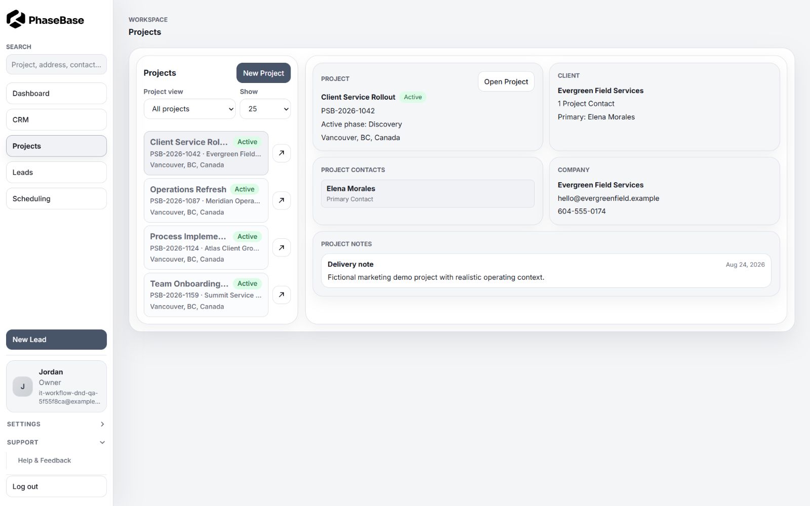 Project operations in the PhaseBase application